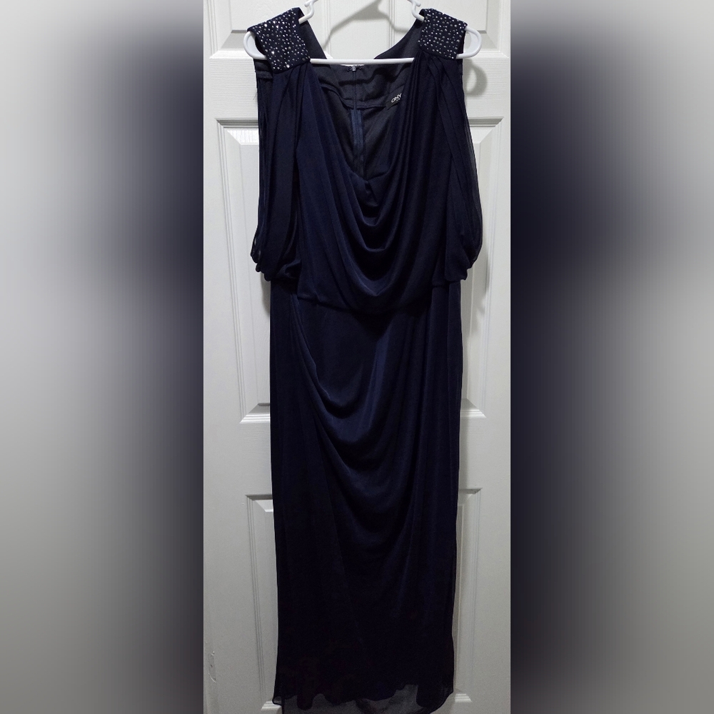 Onyx Nite Navy Beaded Shoulder Draped Maxi Dress